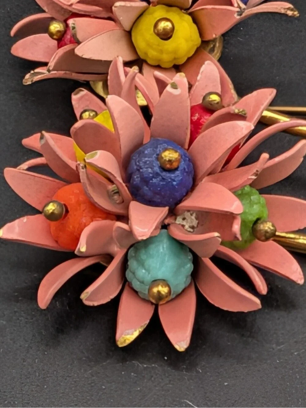 Vintage 1950s Pink Enamel Flower Brooch Hand Wired Molded Glass Bead Cluster